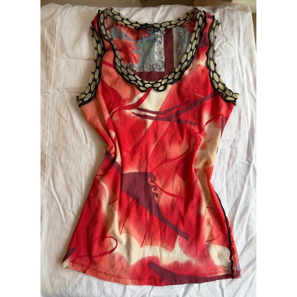 Marc Aurel Tops - Marc Aurel Y2K Mesh Tank Top Size 36 Small Red Abstract Floral Scalloped Tirm